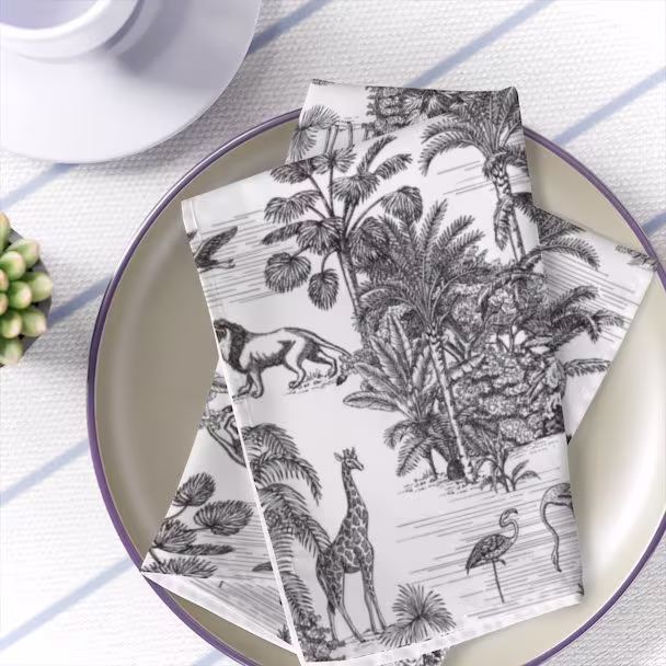 Toile Table Napkins Black & White Toile Dinner Napkins Set Of 4 Vintage Jungle Kitchen Decor Exotic Tiger Table Decoration Fabrics