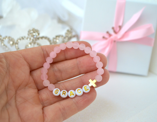 18K Gold Cross Girls Bracelet, Rose Quartz Baby Personalized Jewelry, Baptism Gift, Shower Christening, Communion