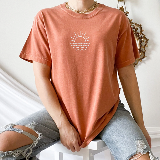 Embroidered Comfort Colors® Sun Ocean Shirt, Nature Graphic Tee, Summer Time Sunrise Shirt For Women, Beachy Tee Sunset