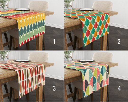 Vivid Color Retro Style Table Runner, Mid Century Modern Drop Shape Pattern Tablecloth, Cover, Best Kitchen Decors