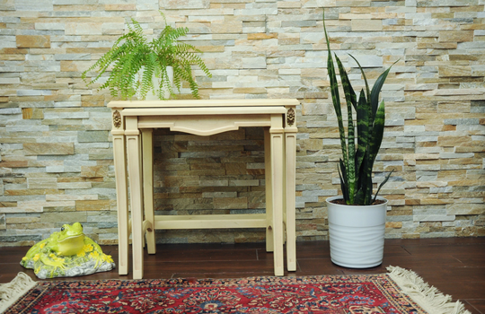 Pair Vintage Wood Nesting Tables-Curved Classical White & Gold Set Of 2 Tables