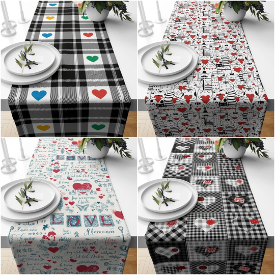 Valentine Day Table Runner|I Love You Print Dining Decor|Romantic Tabletop With Cat|Kitchen Decor Heart|Gift For