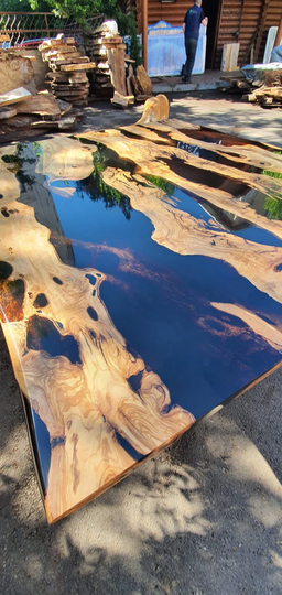 Olive Wood Table, Epoxy Custom 60" X 50" Smokey Gray River Order For Anoush