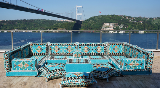 Turquoise Floor Sofa Seating Couch, Traditional Corner U Shaped Arabic Majlis, Sectional Sofa, Meditation Yoga Cover