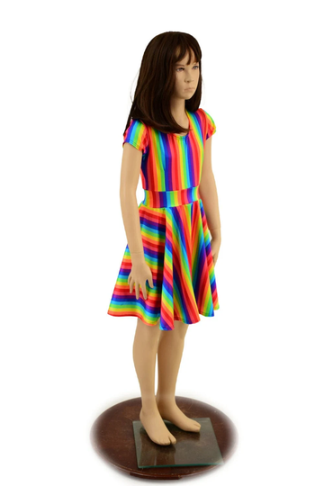 Girls Brite Rainbow Stripe Cap Sleeve Skater Dress 151951