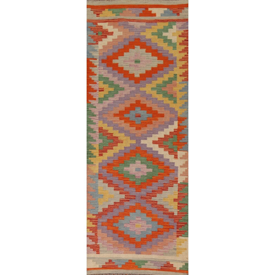 Colorful Kilim Geometric Reversible Runner Rug Hand-woven Wool Carpet - 2'9"x 8'2"