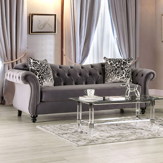 Furniture of America Addae Glam Grey Fabric Button Tufted Sofa
