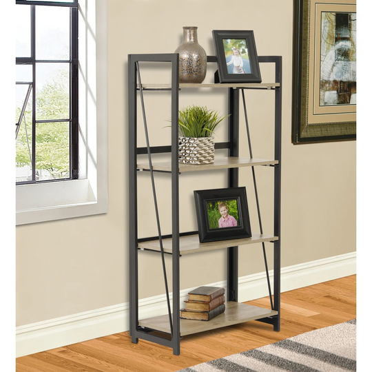 OS Home and Office Furniture Model No Tool Four Shelf Bookcase with Metal Legs and Sewn Oak Laminate Shelves