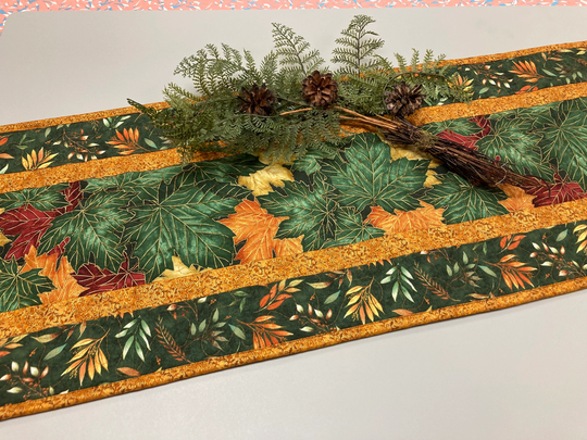 Fall Autumn Table Runner, Rust Gold Green Leaves, Quilted Thanksgiving, 13x48" Reversible Christmas, Dining Coffee End Centerpiece