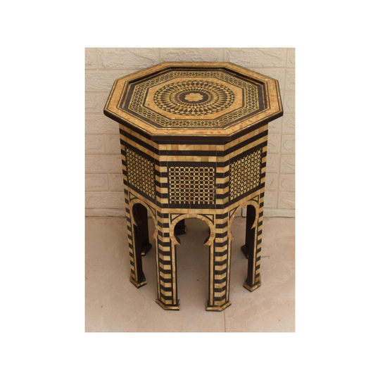 Vintage Moroccan Coffee & End Table. Mosaic Wood Side Table, Mother Of Pearl Inlay Entryway Wooden Table, Living Room Furniture