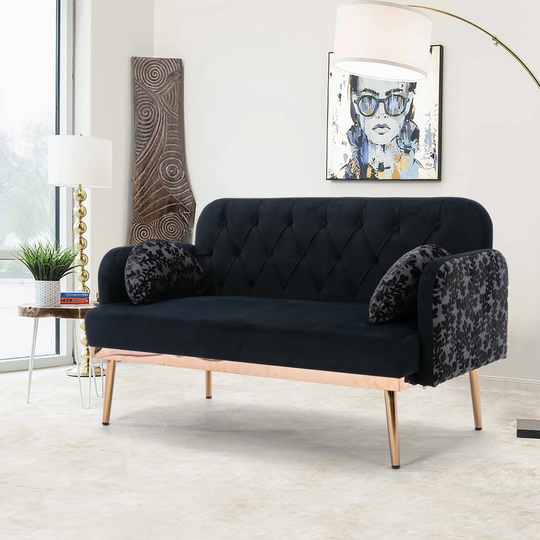 Loveseat Sofa Comfort Velvet Upholstered Living Room Plant Print Arm Accent Sofa with Backrest Buckle Decorate and Metal Feet