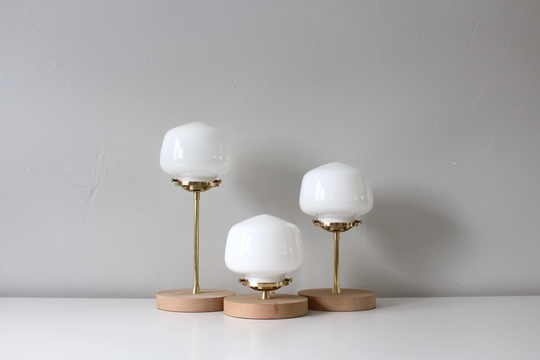 School House Brass Table Lamp, White Glass Globe Shade, Wooden Base, Mid Century Modern Design, Home Lighting & Decor, 7" 11" Or 14" Tall