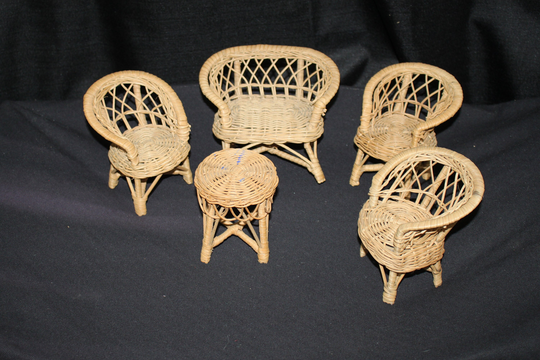 Miniature Wicker Doll Size Table, Chairs & Loveseat