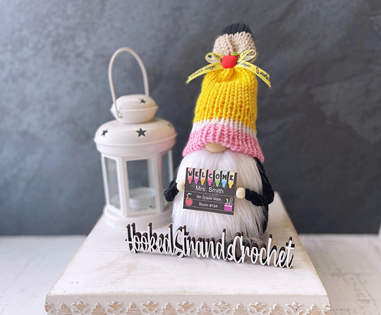 Teacher Gnome, School Decor, Tiered Tray Gift, Farmhouse Knit Pencil Gnome