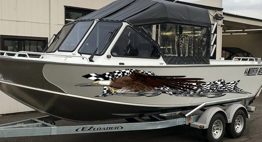 Checkered Flag Boat Full Color Vinyl Sticker, Racing Watercraft Decal, Speed Graphics, Us Eagle Side Wrap