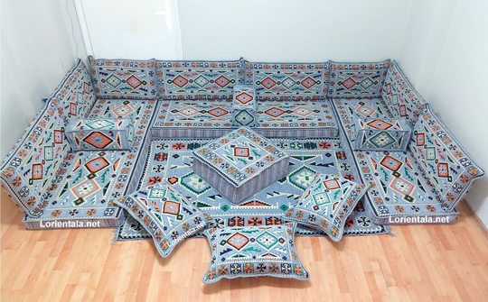 U Shaped Gray Arabic Oriental Floor Seating Sofa Home Decor Orange Room Cushions Rug Yoga Meditation Floor Couch Moroccan Bohemian Furniture