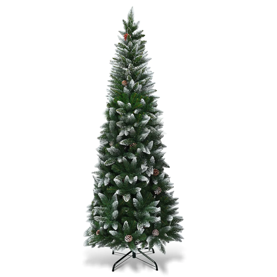 Costway 7.5ft Snow Flocked Pencil Christmas Tree Hinged Pine Cones - 7.5 FT