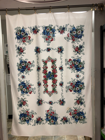 Vintage White 4.5'x3.5' Table Cloth With Pink, Blue, & Flowers | V6222