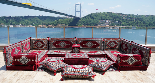 Maroon Color U Shaped Arabic Sofa Set, Majlis, Turkish Floor Seating Oriental Couches, Indoor Sofas, Cushions