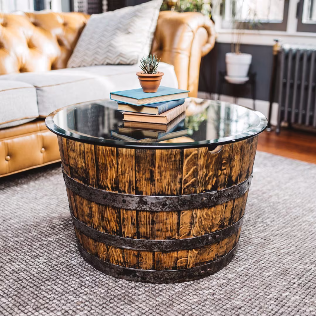 Whiskey Barrel Coffee Table | Homemade Furniture Thick Round Glass White Oak