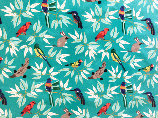 Australian Animals Birds & Gum Leaves Teal Quilting Cotton Fabric By 1/2 Yard Or Fat Quarter, Platypus Possum Parrot Rosella