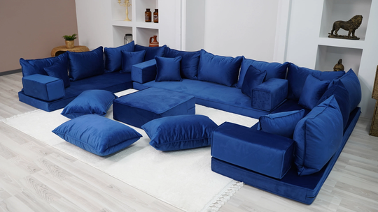 Velvet Royal Blue Color U Shaped Floor Seating, Velvet Sofa, Couch, Sectional Sofas, Cushion, Bench Cushion