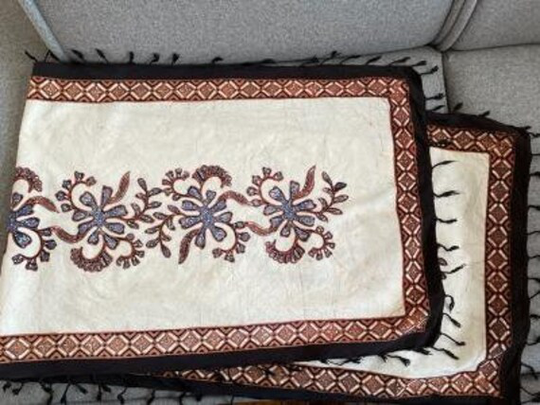 Vintage Batik Table Runner, Boho Style, 62 By 21 Inches, Hand Knotted Fringed Border, 1970S