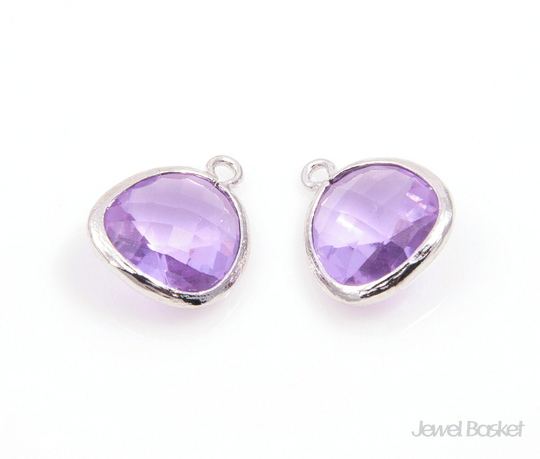 2Pcs - Lavender Color & Silver Framed Glass Pendant/Lavender Purple Rhodium Plated Glass 13x16mm Slas001-P