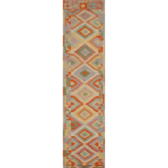 Colorful Kilim Geometric Runner Rug Flat-weave Wool Carpet - 2'7"x 15'10"