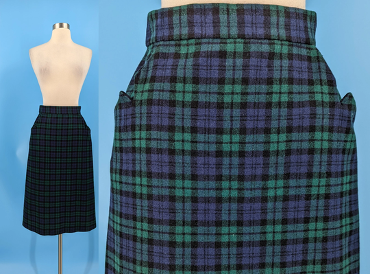 Vintage 50S Xs Blue Green Plaid Pencil Skirt - Fifties High Waisted Mid Length Wool