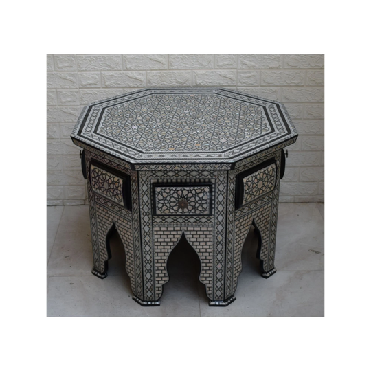 Moroccan Coffee Table, 31" Wide Egyptian Mother Of Pearl Inlaid Table With Drawers, Morocco Mosaic Wooden Side & End