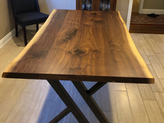 Live Edge Dining Table, Modern Table On Steel Double Y Legs, Elegant Walnut