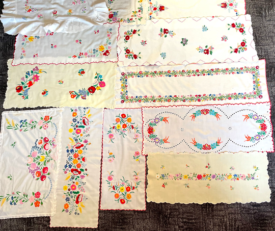 Hungarian Embroidery Table Runner Set. Vintage Hungarian Handmade Tablecloths With Floral Pattern. Colorful Home Decor