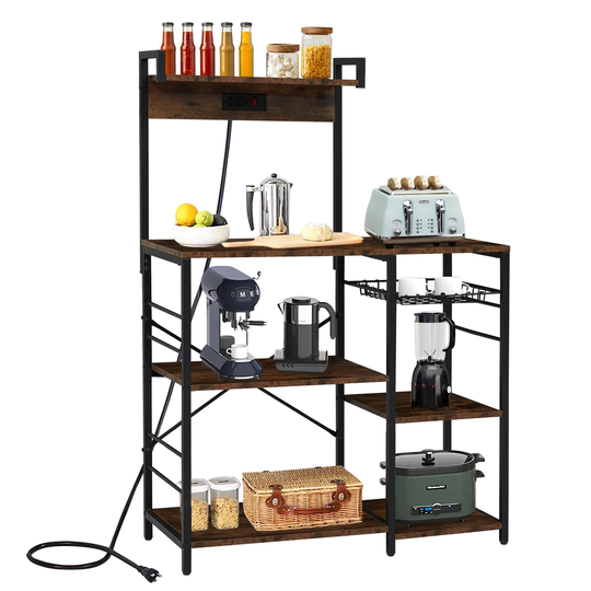 Kinbor Bakers Rack with Power Outlet, Industrial Microwave Oven Stand with 6 S-Hooks, Kitchen Storage Rack with Wire Basket