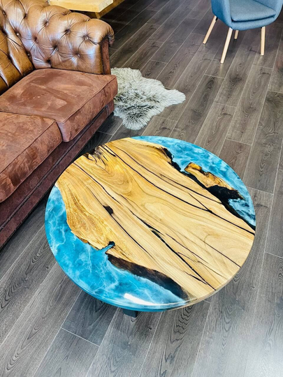 Round Walnut Table, Wave Effect Epoxy Table, Resin Art Coffee Small Modern Ocean Table