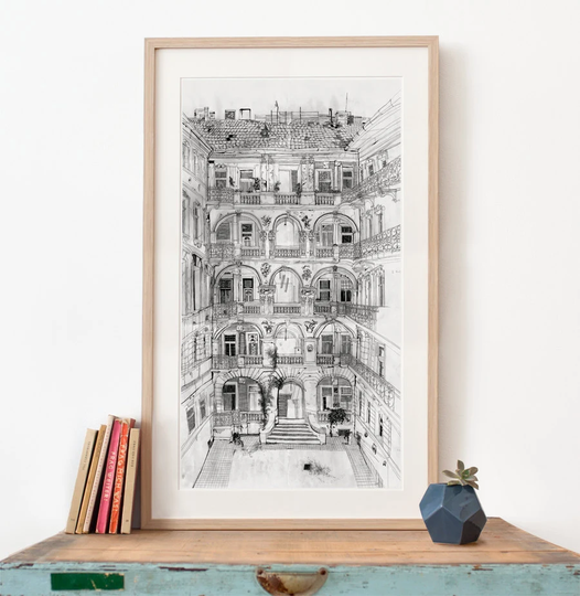 Budapest House Illustration, Panoramic Art Print, Pencil Drawing, Hungary Poster, Large Living Room Art, Black & White Archival Art Print
