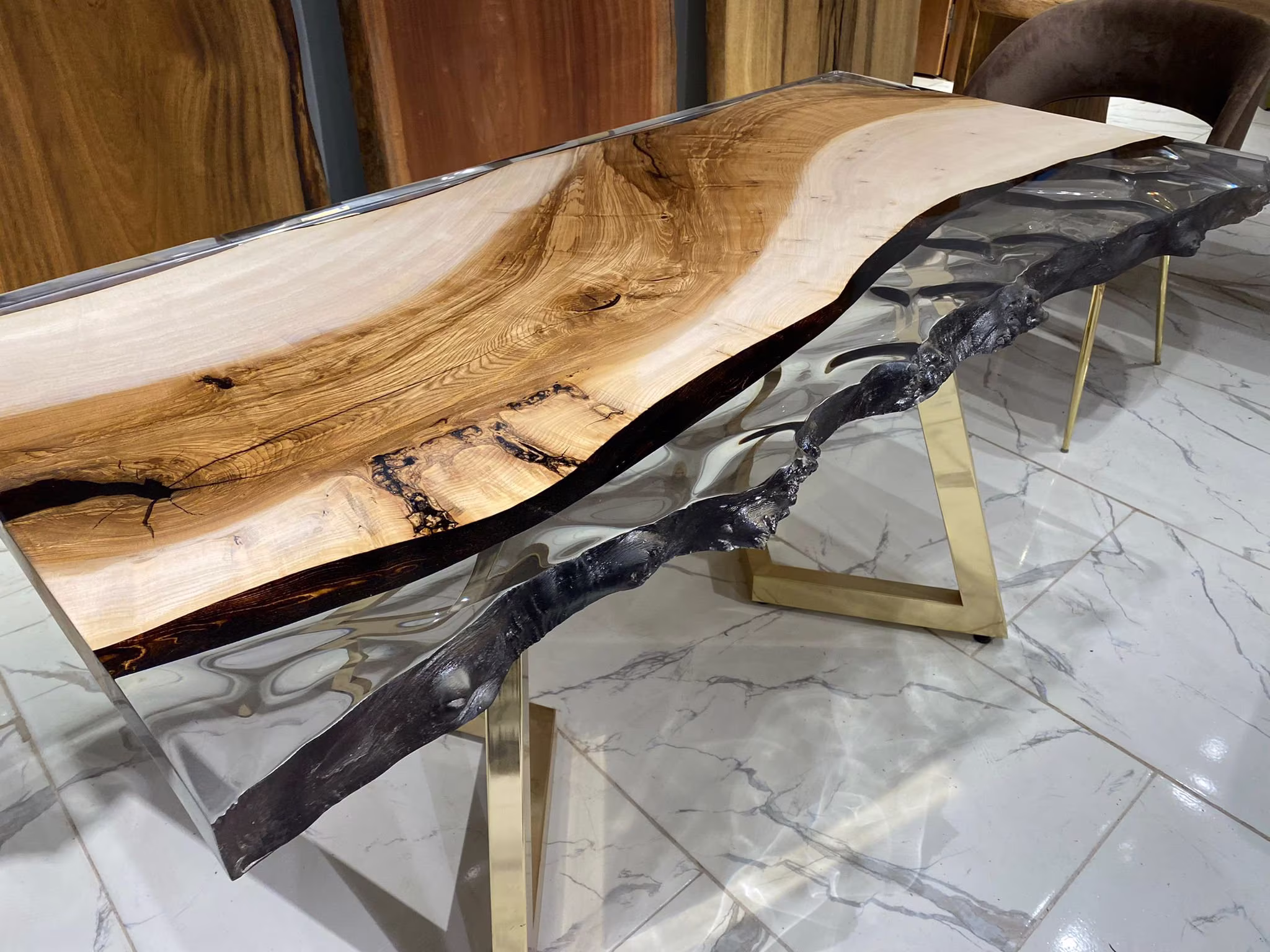 Live Edge Dining Table, Clear Chestnut Handmade Custom Wooden Oak Wood One Piece Slab, Walnut Solid