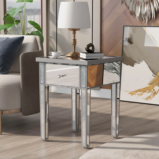 Modern Glass Mirrored End Table w/Drawer, Corner Table for Living Room