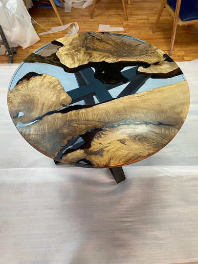 Round Dining Table, Custom 48" Walnut Transparent Light Sky Blue Epoxy River Live Edge Order For Kristie 1