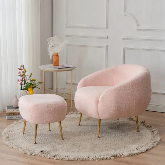 Faux Fur Barrel Accent Chair with Ottoman for Bedroom, Living Room