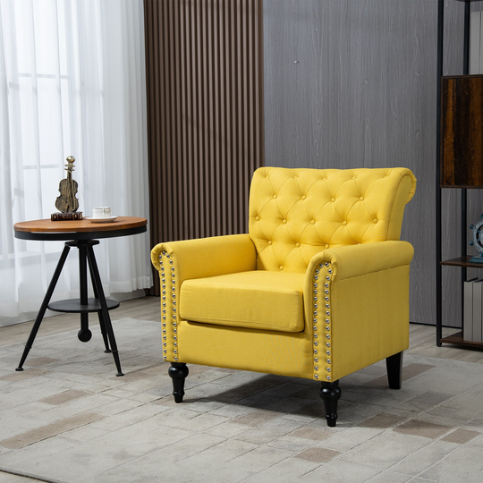 Mid-Century Modern Velvet Accent Chair With Tufted Back And Wood Legs, Upholstered Lounge Arm Chair Single Sofa