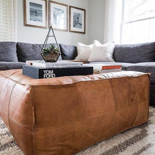 Moroccan Pouf Leather, Square Pouf, Pouffe Brown Ottoman Handmade Cover, Brown Stool, Large, Footstool, Chair, Nursery