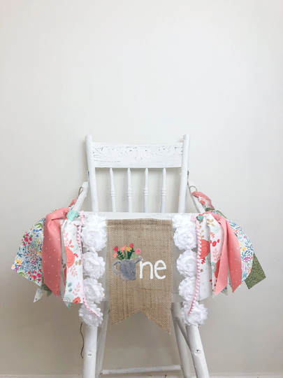 Garden Flower High Chair Banner/Secret Garden/Spring Summer Floral First Birthday/Cake Smash Photo Shoot Prop/Rabbit/Rustic Watering Can