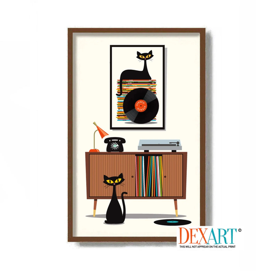 Mid Century Modern Art Print Black Cat Lover Gift, Retro Sideboard, Vinyl Record Storage, Player, Atomic Wall