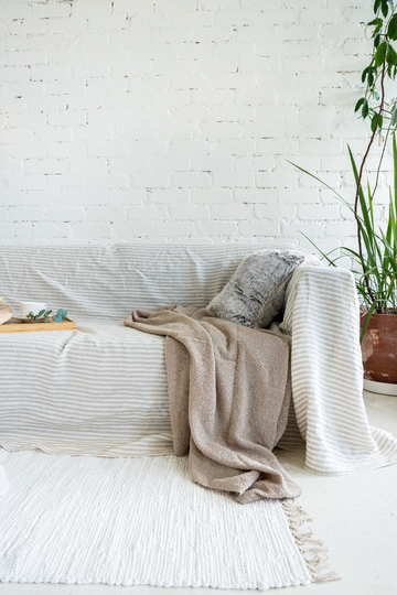 Linen Sofa Slipcover, Striped Natural Linen Couch Cover, Large Throw, Natural Slip Seat Cover