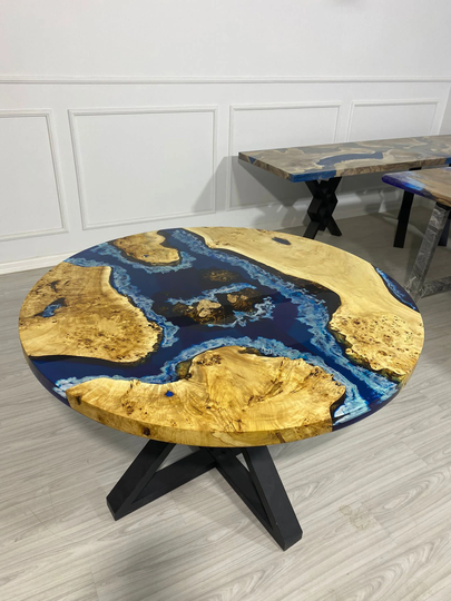Ocean Table, Round Custom 48" Poplar Deep Blue With Waves Epoxy River Dining Order For Marci