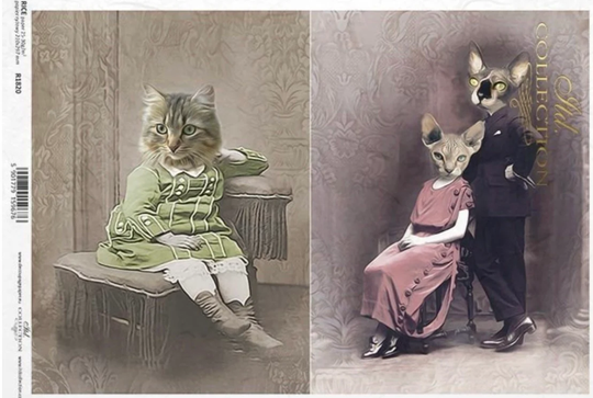 Rice Paper For Decoupage, Anthropomorphic Cat Collage, Decorative Mulberry Tissue, Scrapbooking, Card Making, 1 A4 Sheet, R1821
