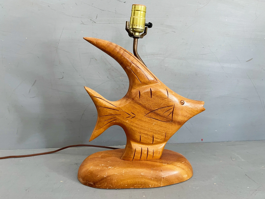 Vintage Fish Shape Wooden Table Lamp | Natural Mid-Century Tabletop Light Rustic Nautical Coastal Scandinavian Decor