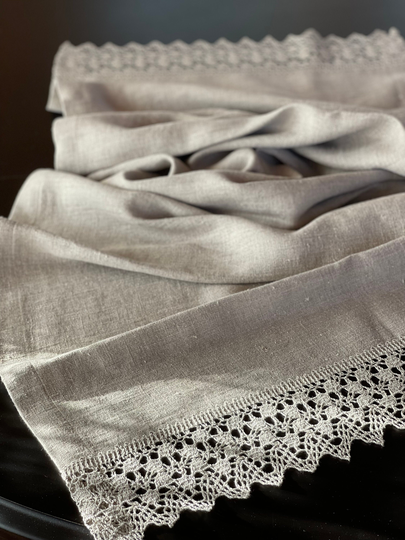 Rustic Linen Table Runner, Natural Runner Vintage Stonewashed Farmhouse Natural Grey Floral Lace
