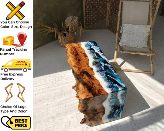 Wood Coffee Table, Resin Table Ocean Waves, Live Edge Epoxy Art, Coffee